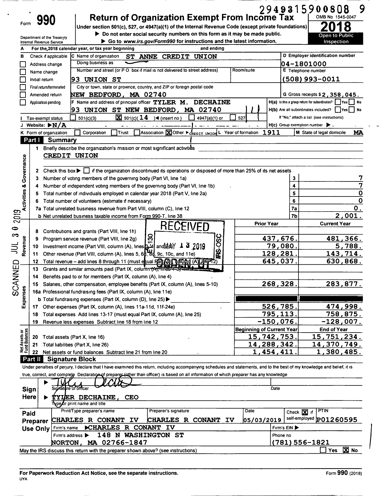 Image of first page of 2018 Form 990O for St Anne Credit Union