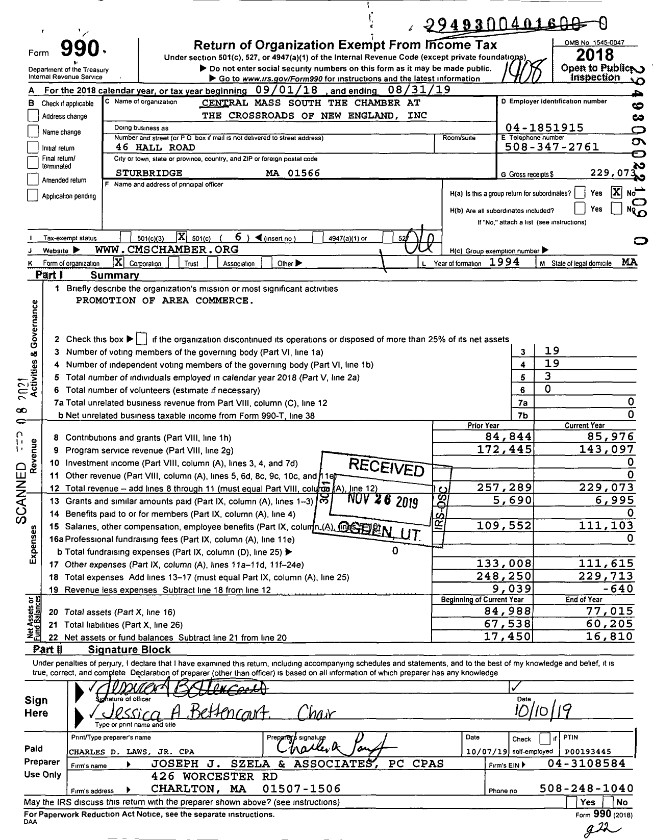 Image of first page of 2018 Form 990O for Central Mass South the Chamber at the Crossroads of New England
