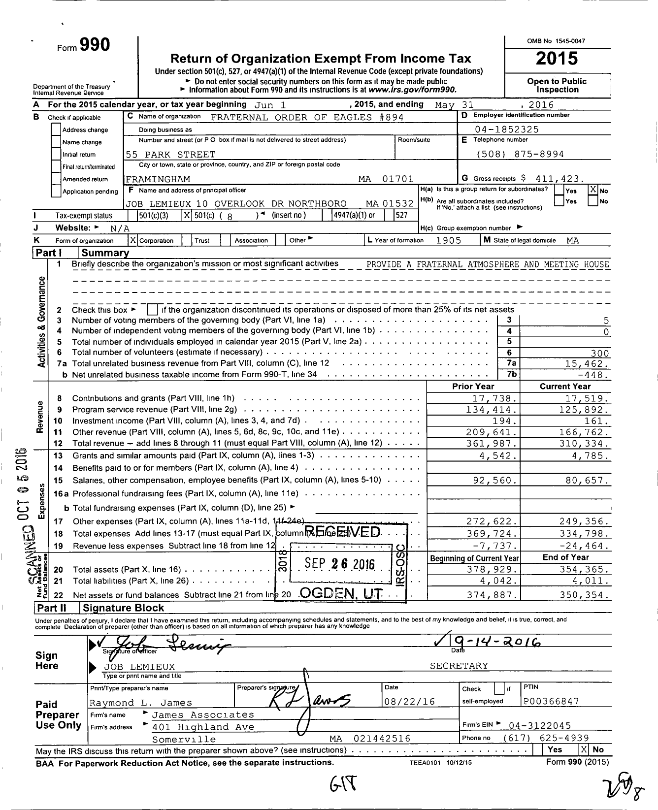 Image of first page of 2015 Form 990O for Fraternal Order of Eagles 894