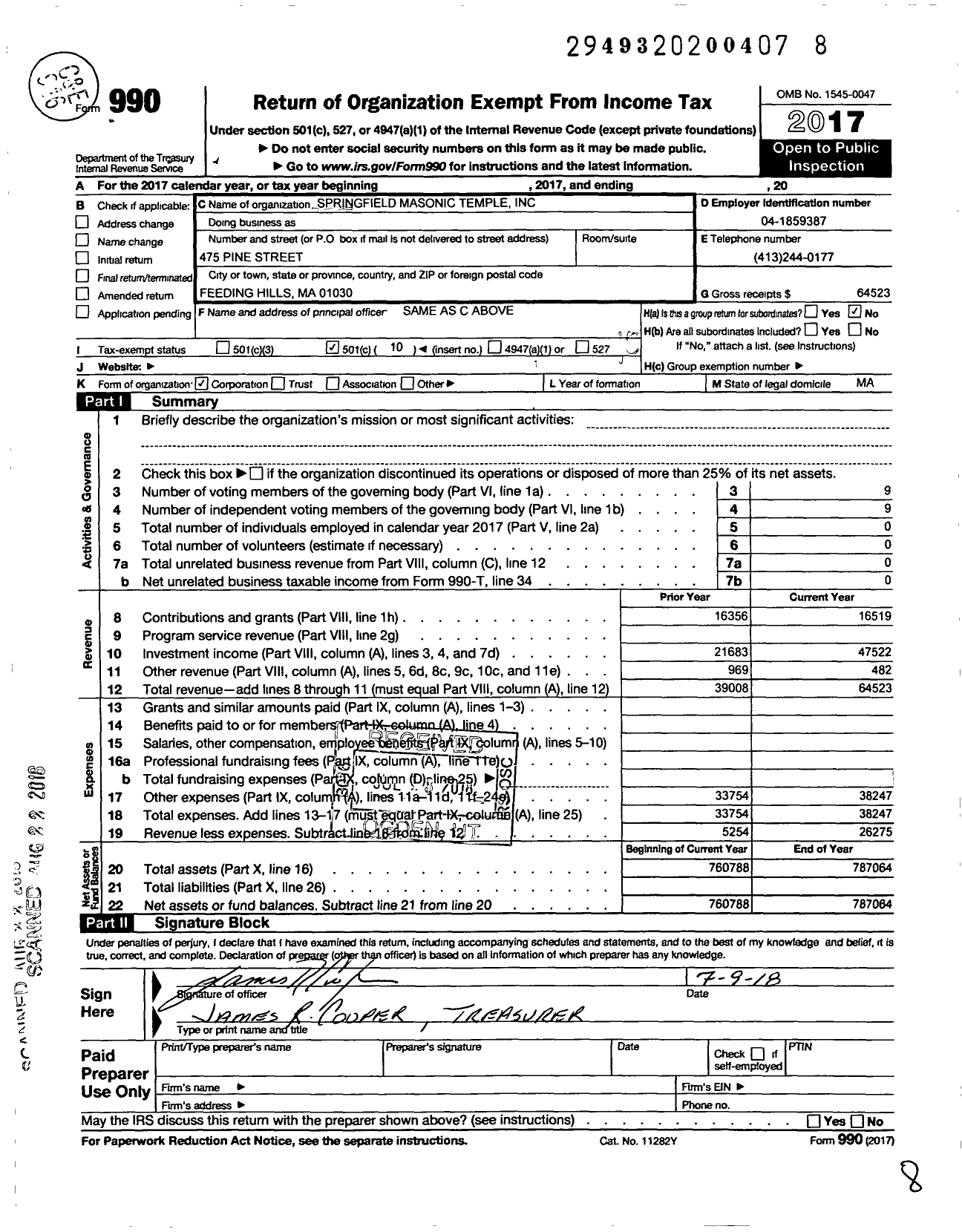 Image of first page of 2017 Form 990O for Massachusetts Freemasons - Springfield Masonic Temple