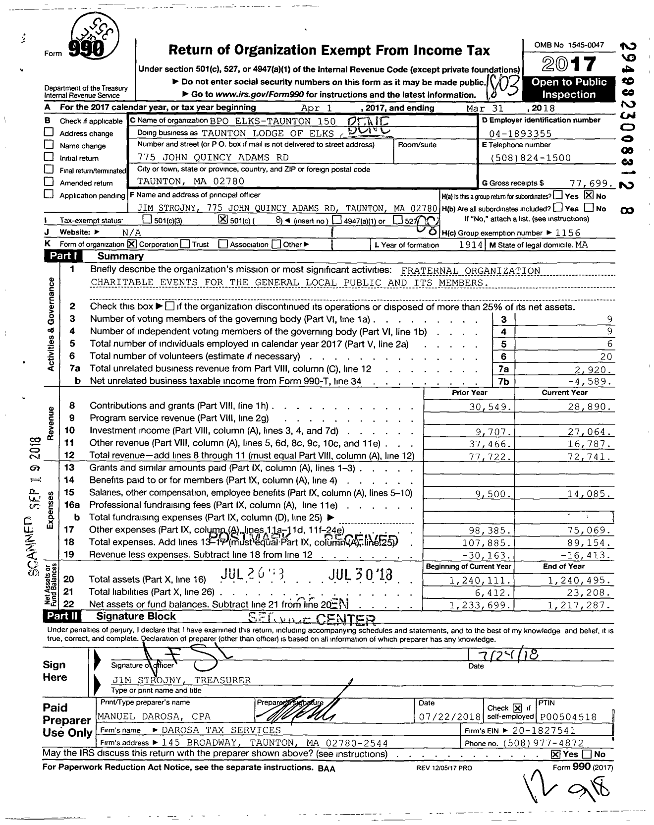 Image of first page of 2017 Form 990O for Benevolent and Protective Order of Elks - Taunton Lodge of Elks