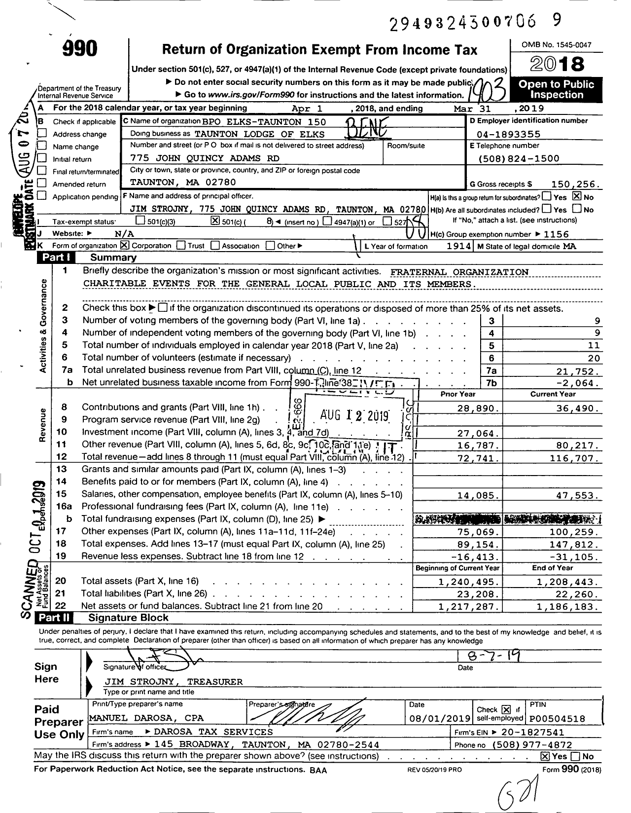 Image of first page of 2018 Form 990O for Benevolent and Protective Order of Elks - Taunton Lodge of Elks