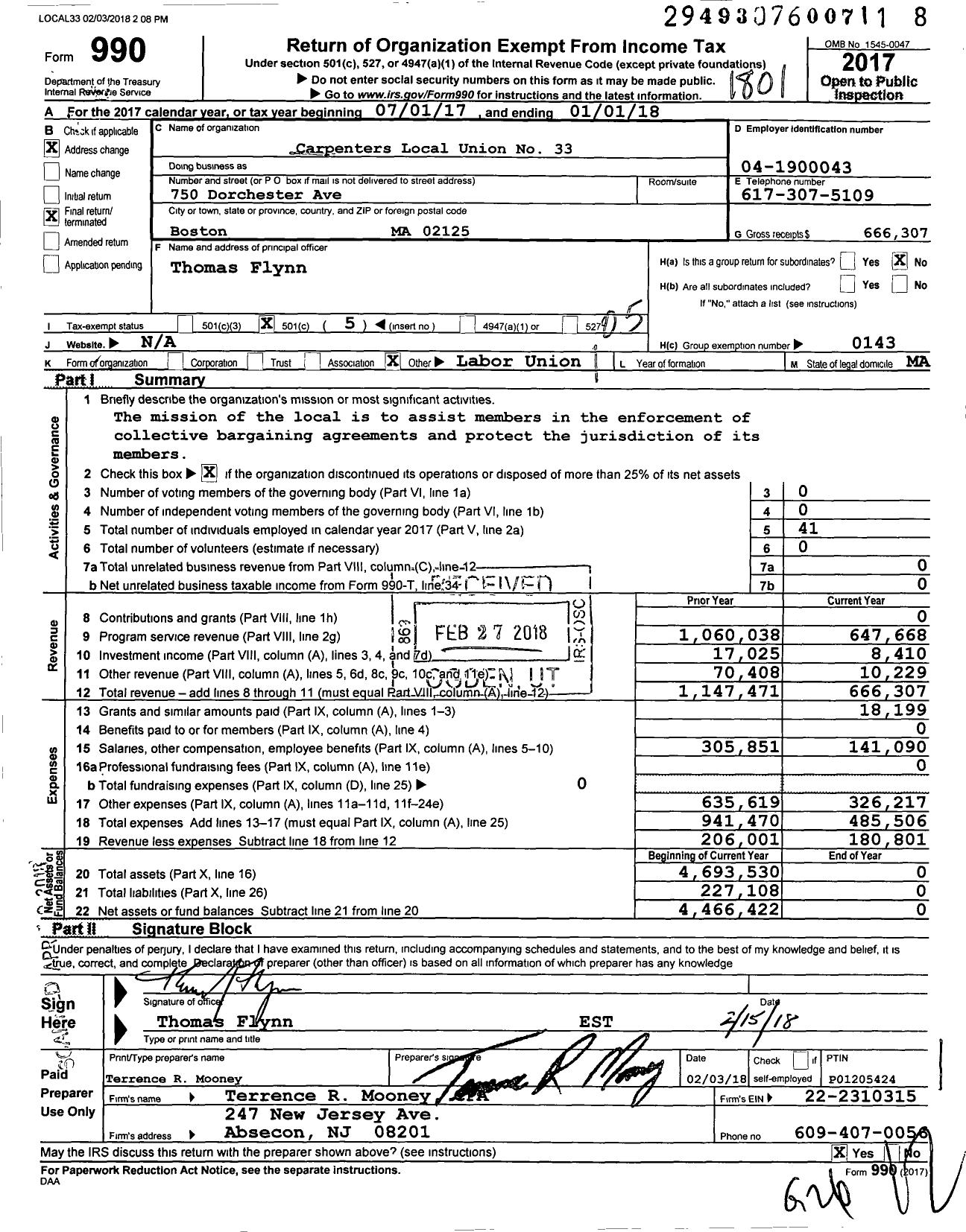 Image of first page of 2017 Form 990O for United Brotherhood of Carpenters & Joiners - 33 Carpenters Local Union No