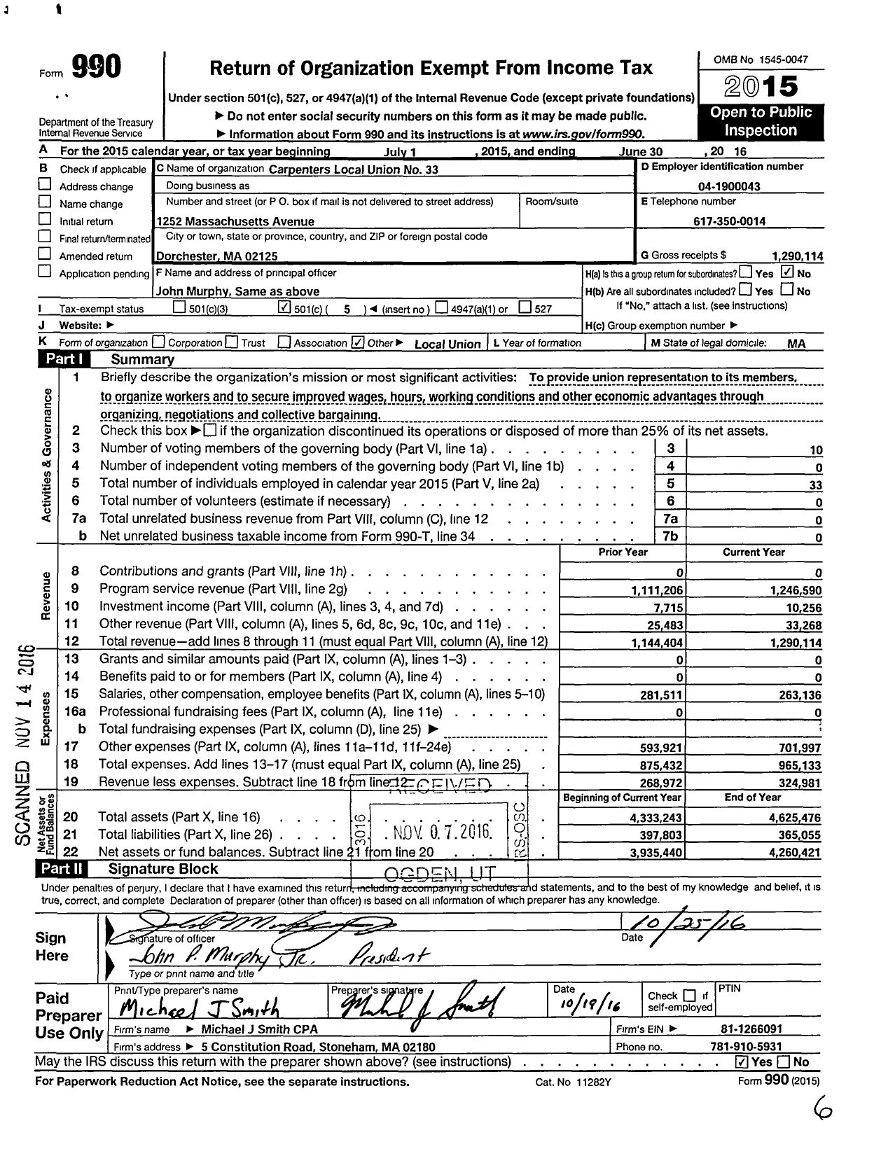 Image of first page of 2015 Form 990O for United Brotherhood of Carpenters & Joiners - 33 Carpenters Local Union No