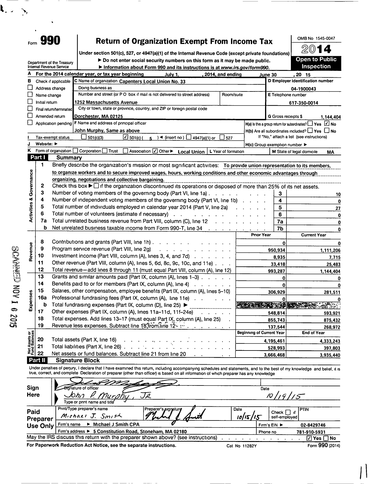 Image of first page of 2014 Form 990O for United Brotherhood of Carpenters & Joiners - 33 Carpenters Local Union No