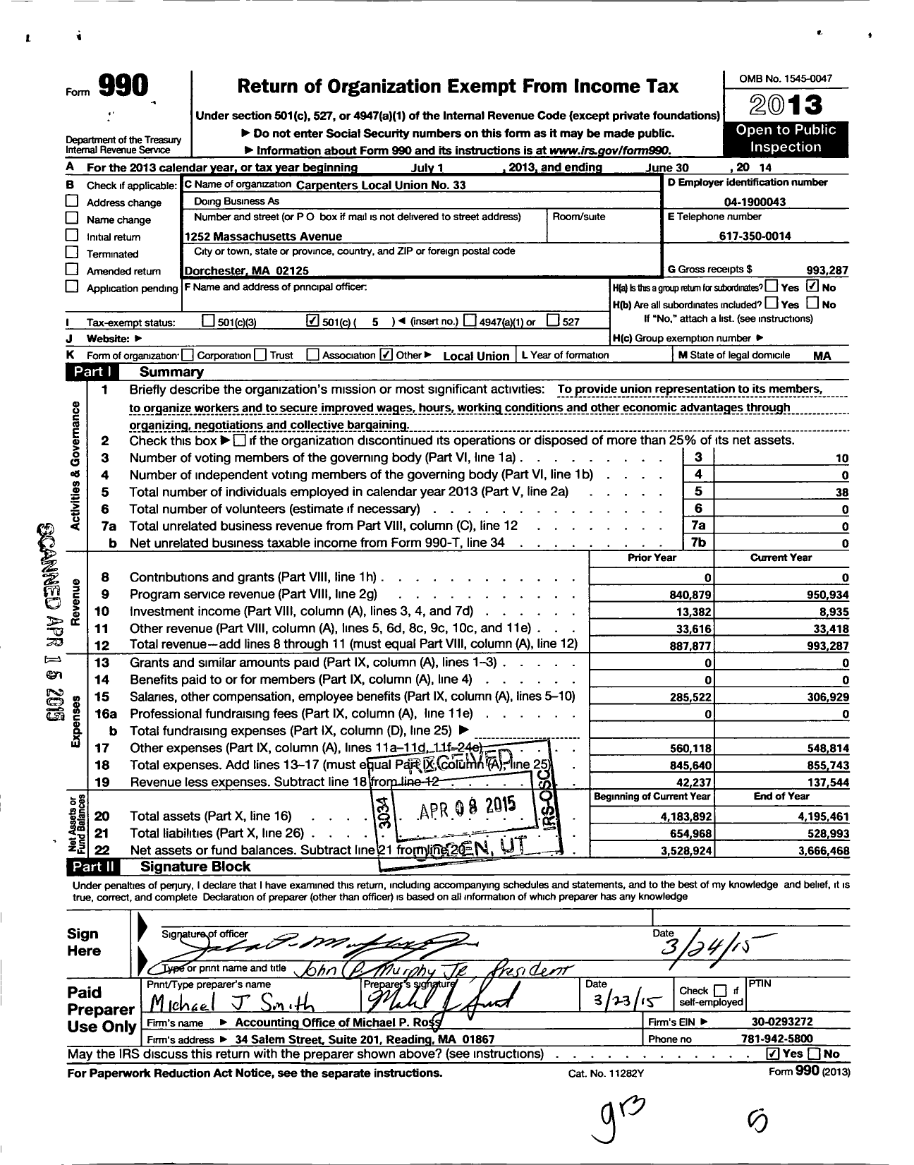 Image of first page of 2013 Form 990O for United Brotherhood of Carpenters & Joiners - 33 Carpenters Local Union No