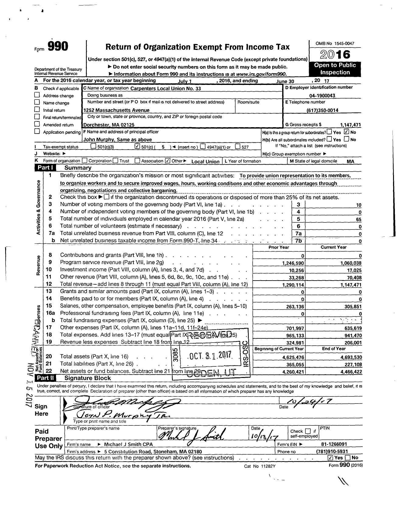 Image of first page of 2016 Form 990O for United Brotherhood of Carpenters & Joiners - 33 Carpenters Local Union No