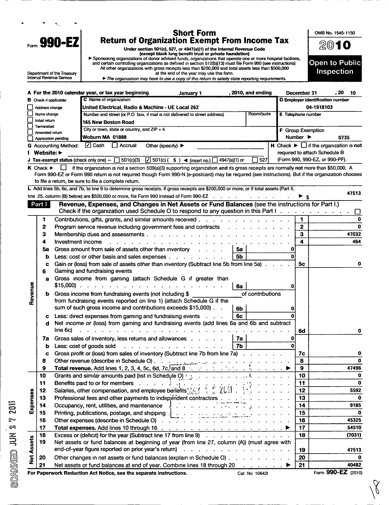 Image of first page of 2010 Form 990EO for United Electrical Radio and Machine Workers of America - 262 Local