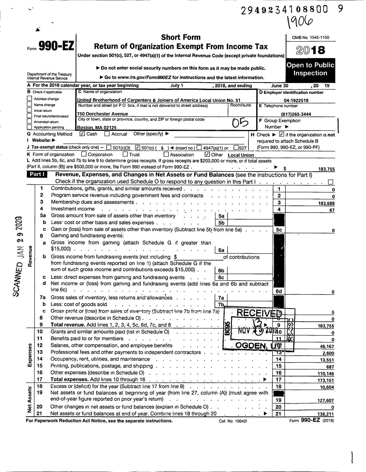 Image of first page of 2018 Form 990EO for United Brotherhood of Carpenters & Joiners - 51 BCJ