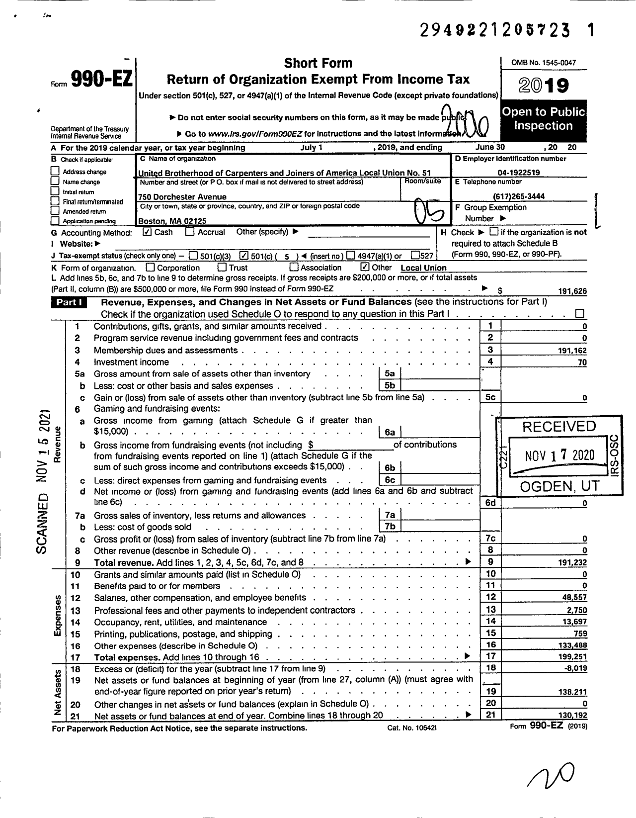 Image of first page of 2019 Form 990EO for United Brotherhood of Carpenters & Joiners - 51 BCJ