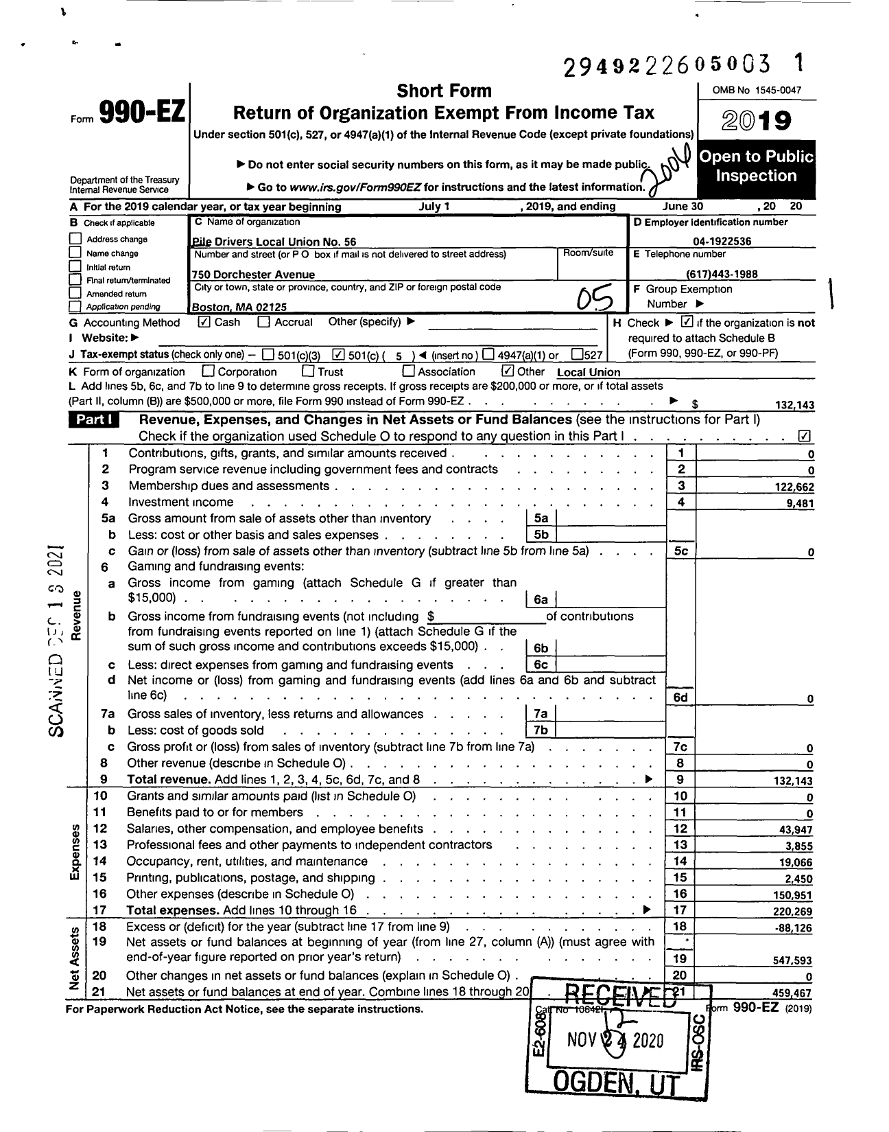 Image of first page of 2019 Form 990EO for United Brotherhood of Carpenters & Joiners - Pile Drivers Local Union 56