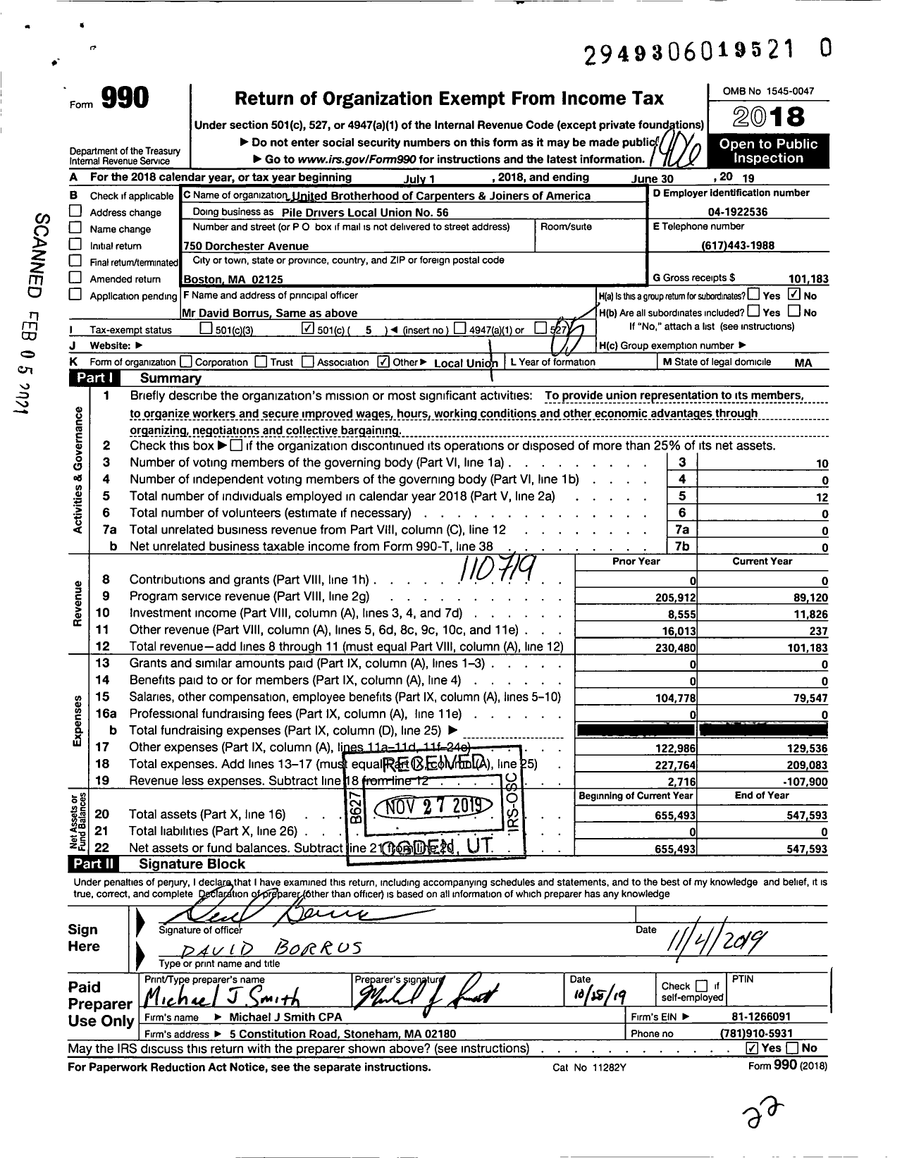 Image of first page of 2018 Form 990O for United Brotherhood of Carpenters & Joiners - Pile Drivers Local Union 56