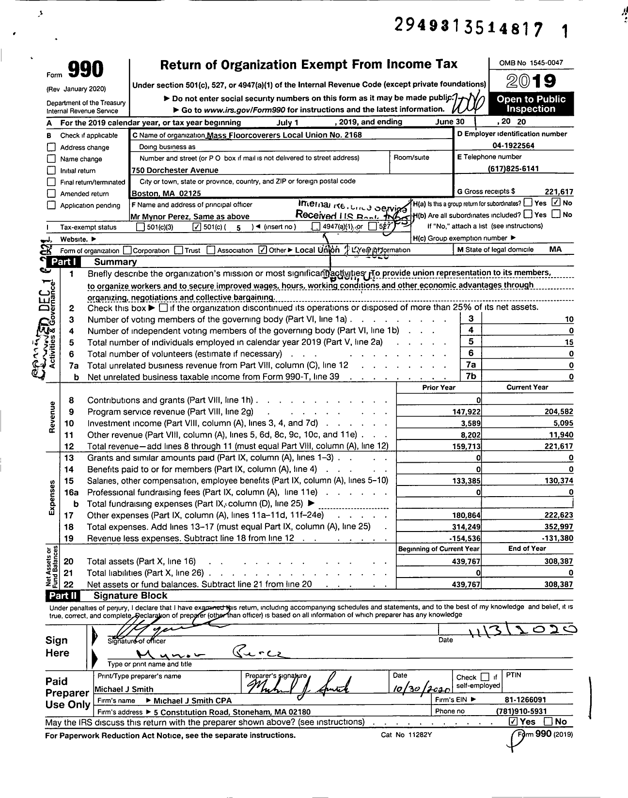 Image of first page of 2019 Form 990O for United Brotherhood of Carpenters & Joiners - 2168 Local Boston Ma