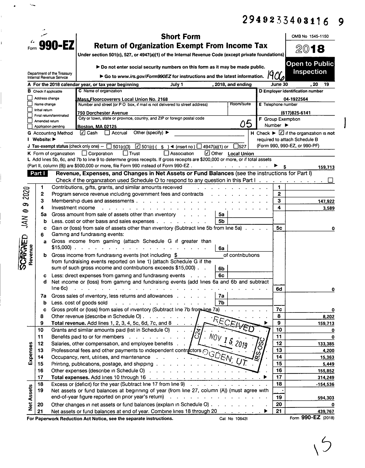 Image of first page of 2018 Form 990EO for United Brotherhood of Carpenters & Joiners - 2168 Local Boston Ma