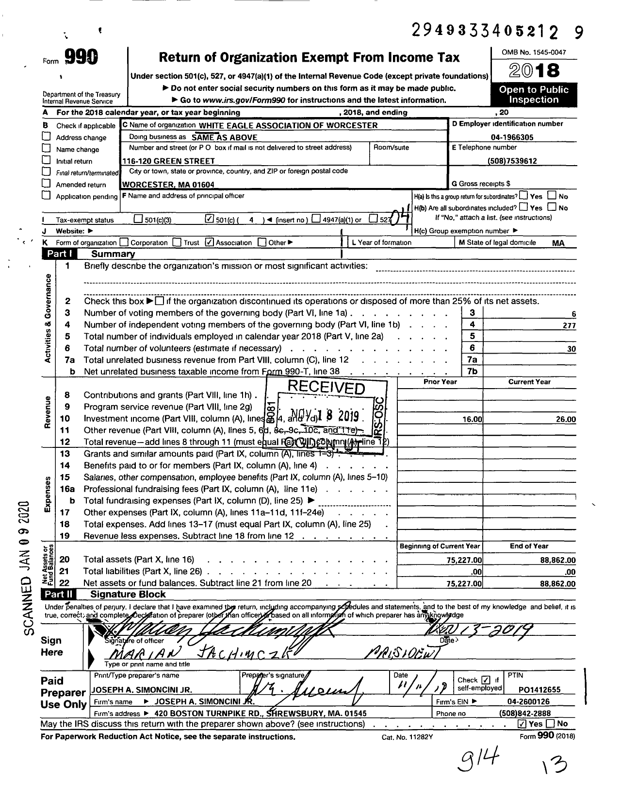 Image of first page of 2018 Form 990O for White Eagle Association of Worcester