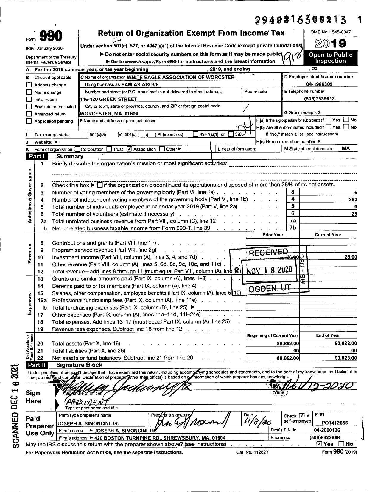 Image of first page of 2019 Form 990O for White Eagle Association of Worcester