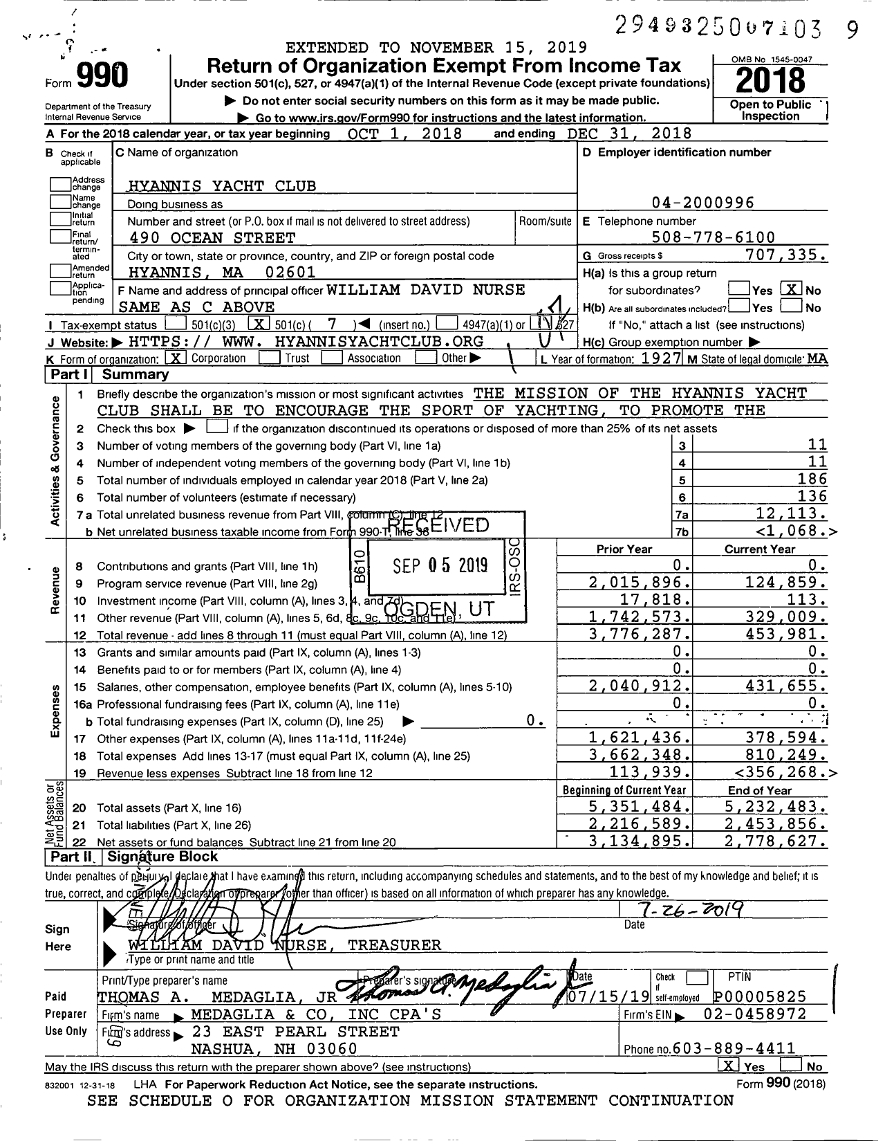 Image of first page of 2018 Form 990O for Hyannis Yacht Club