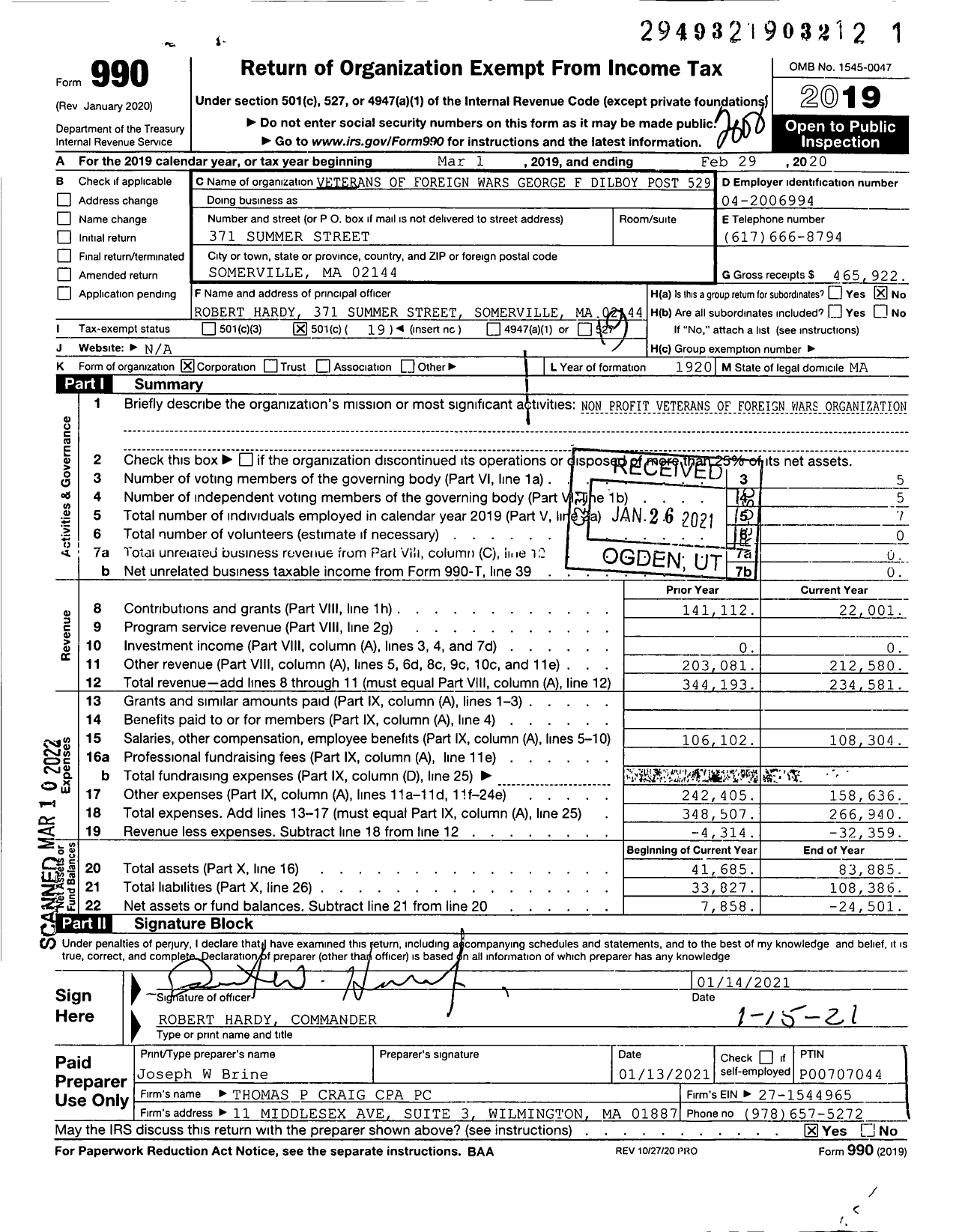 Image of first page of 2019 Form 990O for VFW Department of Massachusetts - 529 Vfw-Mass