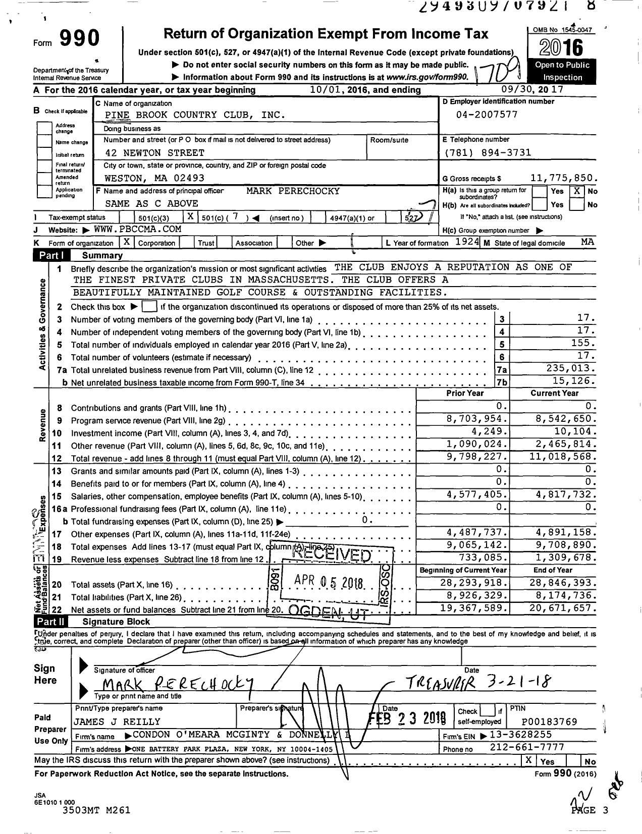 Image of first page of 2016 Form 990O for Pine Brook Country Club