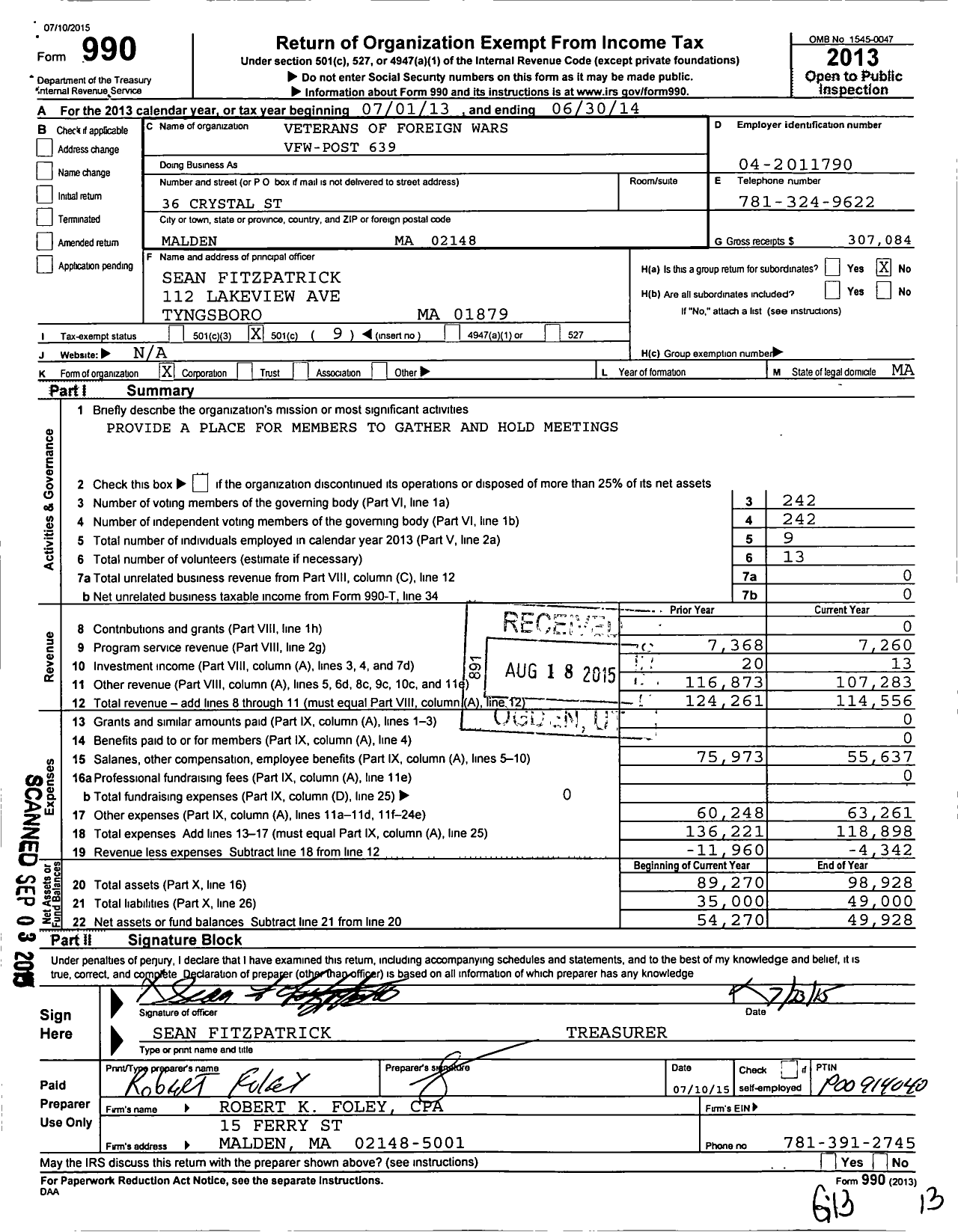 Image of first page of 2013 Form 990O for VFW Department of Massachusetts - 639 Vfw-Mass