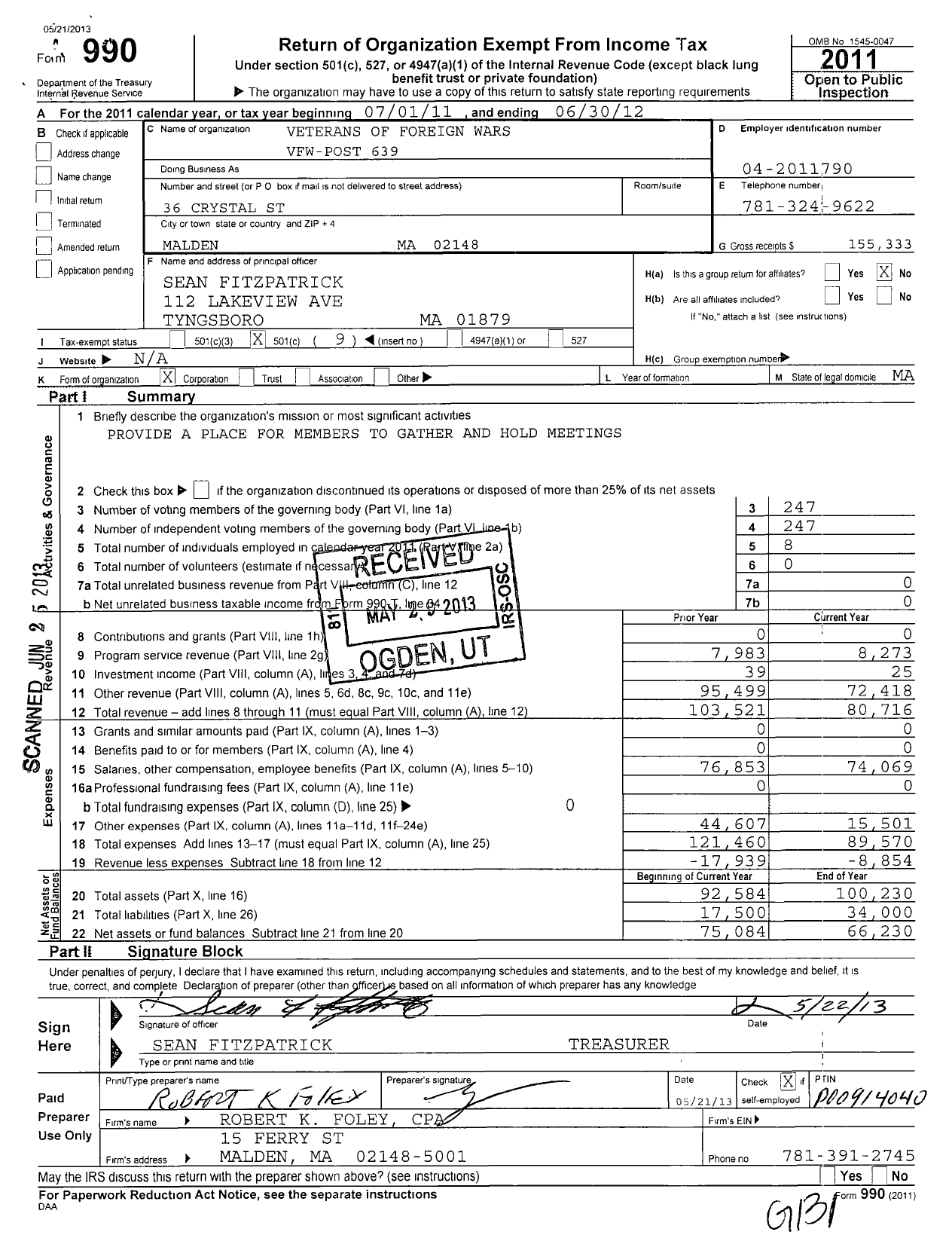 Image of first page of 2011 Form 990O for VFW Department of Massachusetts - 639 Vfw-Mass