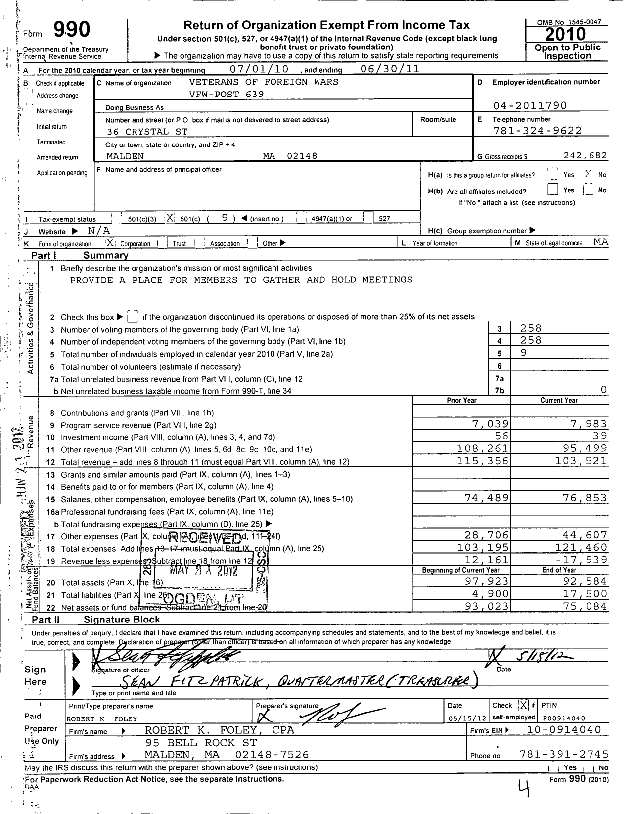 Image of first page of 2010 Form 990O for VFW Department of Massachusetts - 639 Vfw-Mass