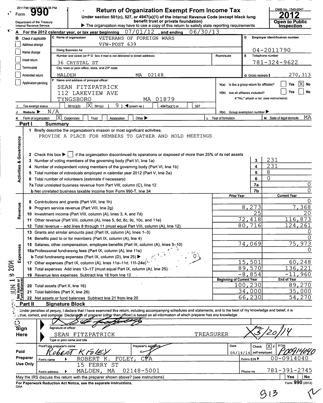 Image of first page of 2012 Form 990O for VFW Department of Massachusetts - 639 Vfw-Mass