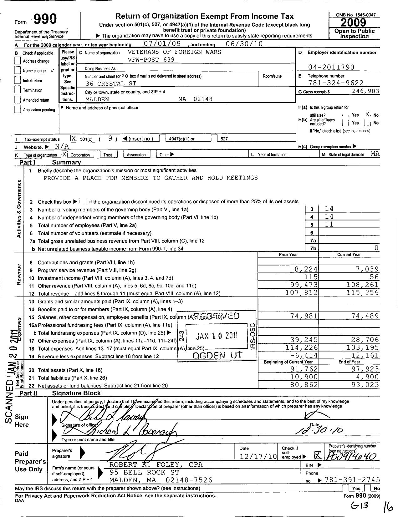 Image of first page of 2009 Form 990O for VFW Department of Massachusetts - 639 Vfw-Mass