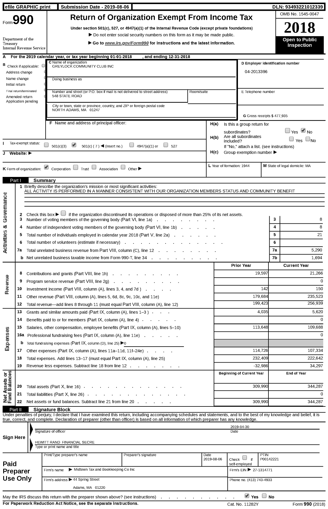 Image of first page of 2018 Form 990 for Greylock Community Club