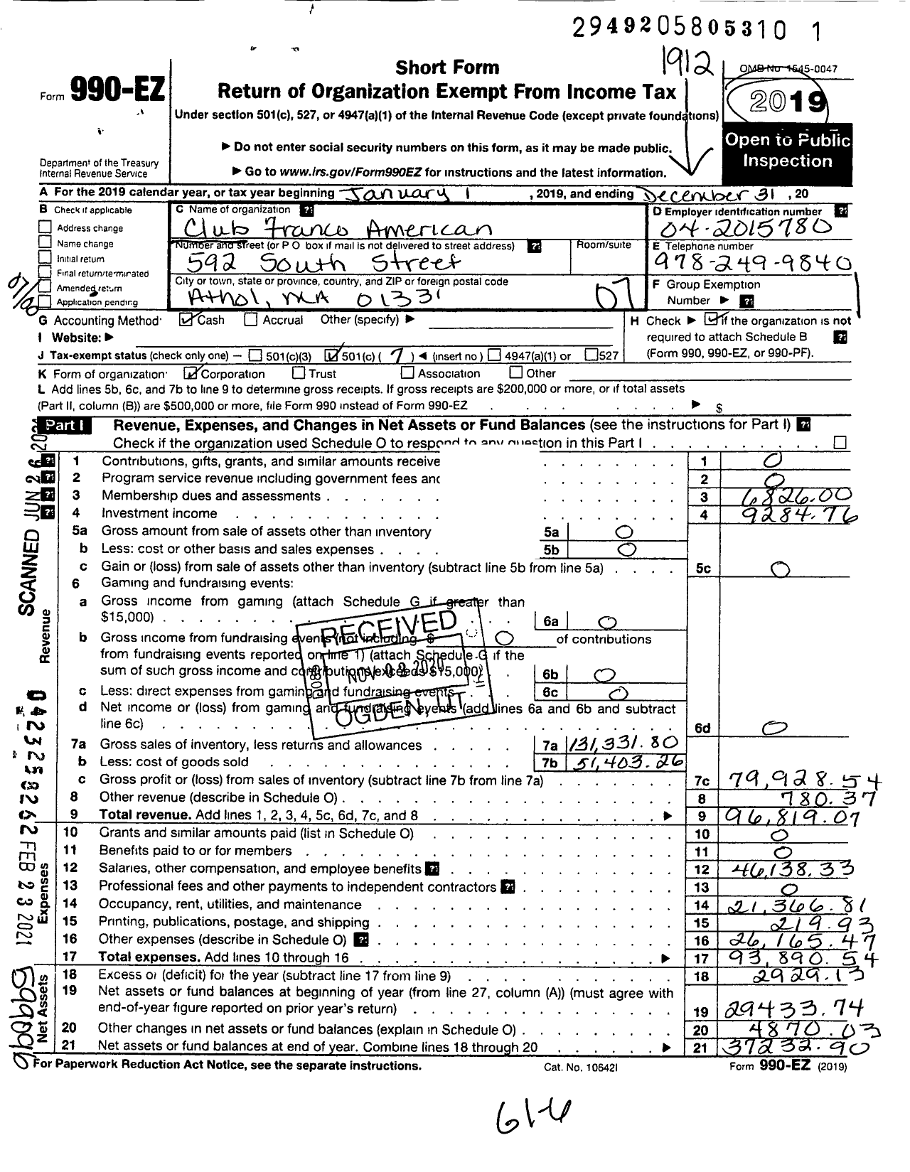 Image of first page of 2019 Form 990EO for Club Franco-Americain de Naturalization Dathol