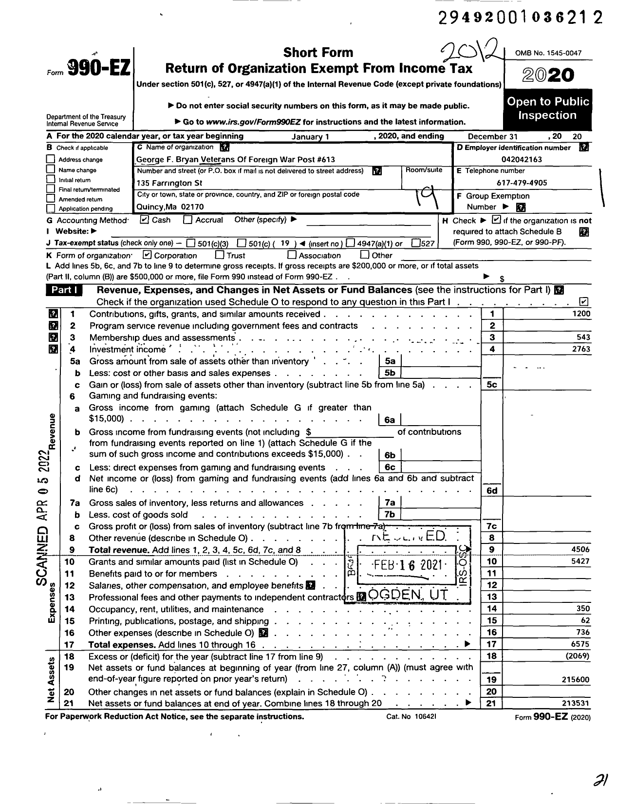 Image of first page of 2020 Form 990EO for VFW DEPARTMENT OF MASSACHUSETTS - 613 VFW Post George F Bryan