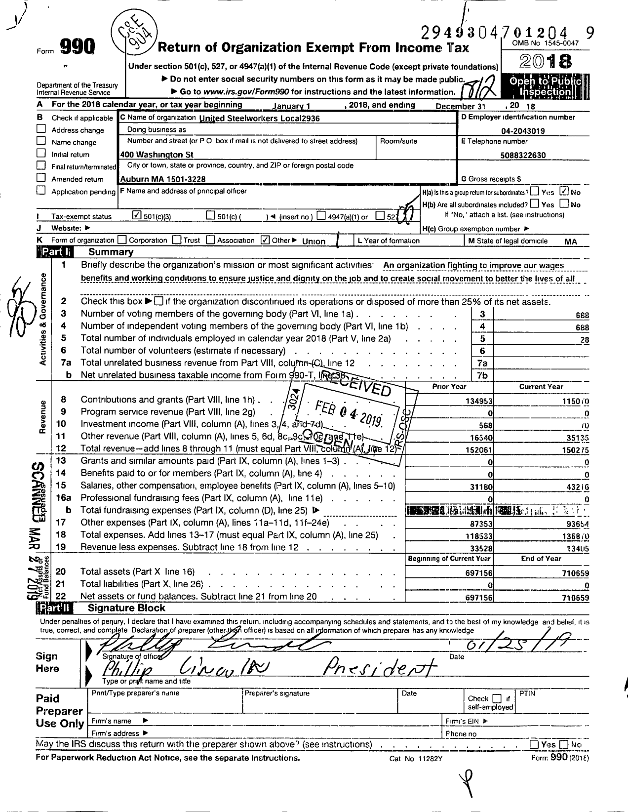 Image of first page of 2018 Form 990O for United Steelworkers - 02936 Local