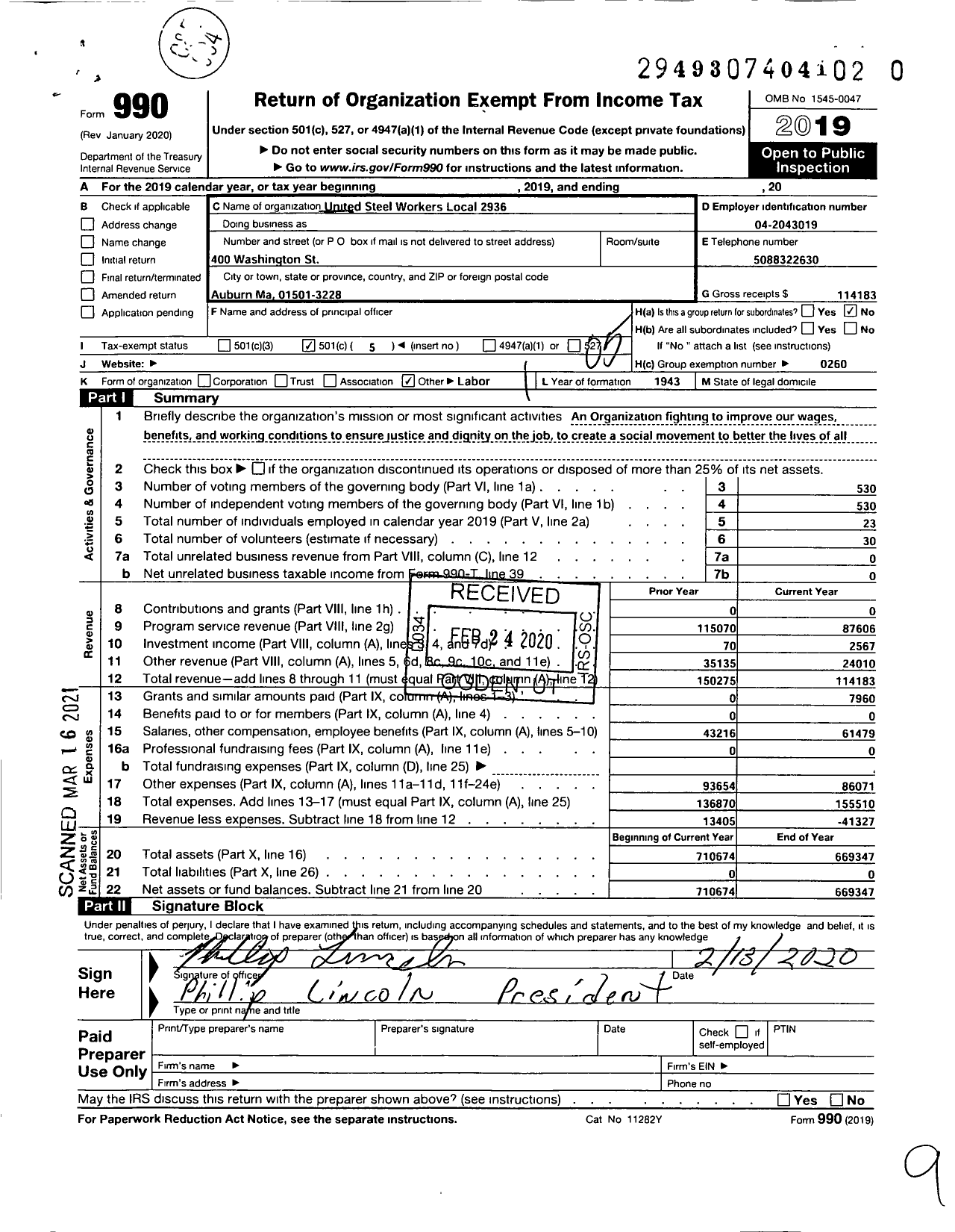 Image of first page of 2019 Form 990O for United Steelworkers - 02936 Local