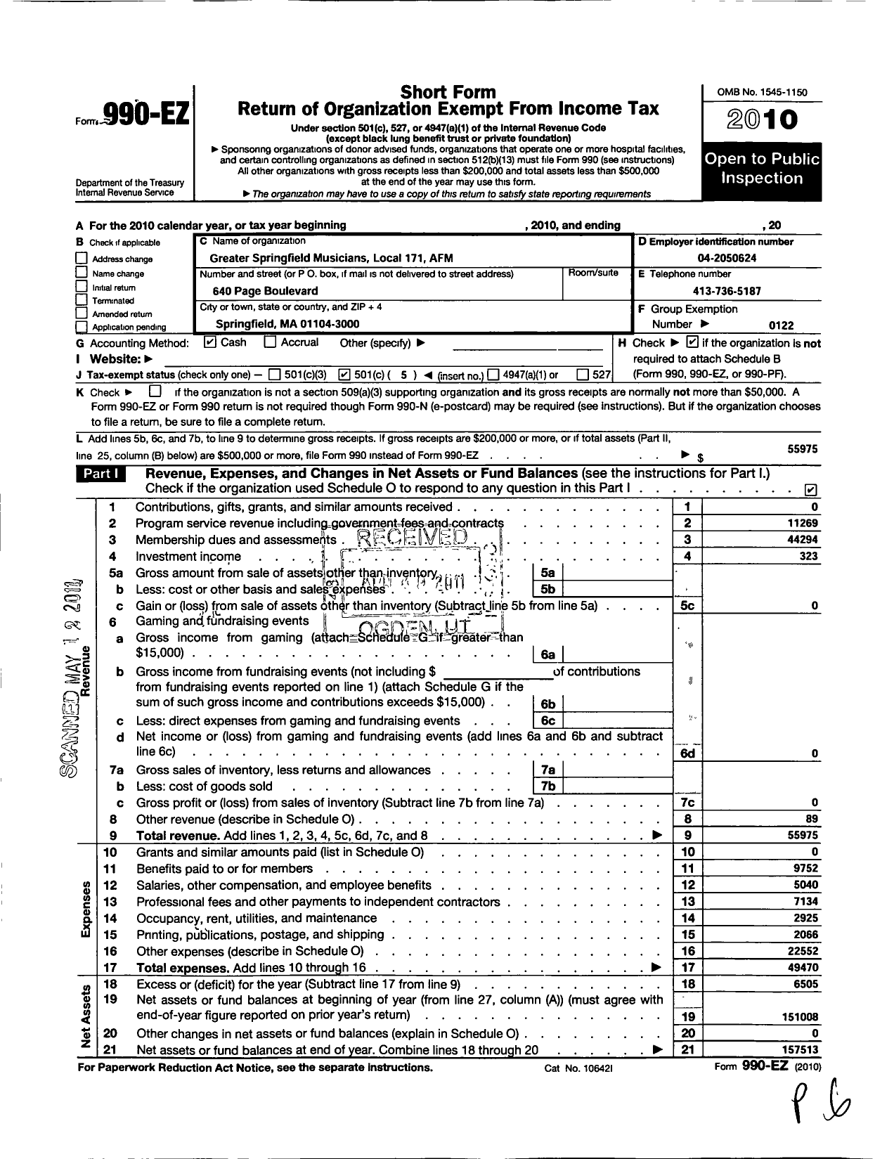 Image of first page of 2010 Form 990EO for American Federation of Musicians - 171 Local Greater Springfield