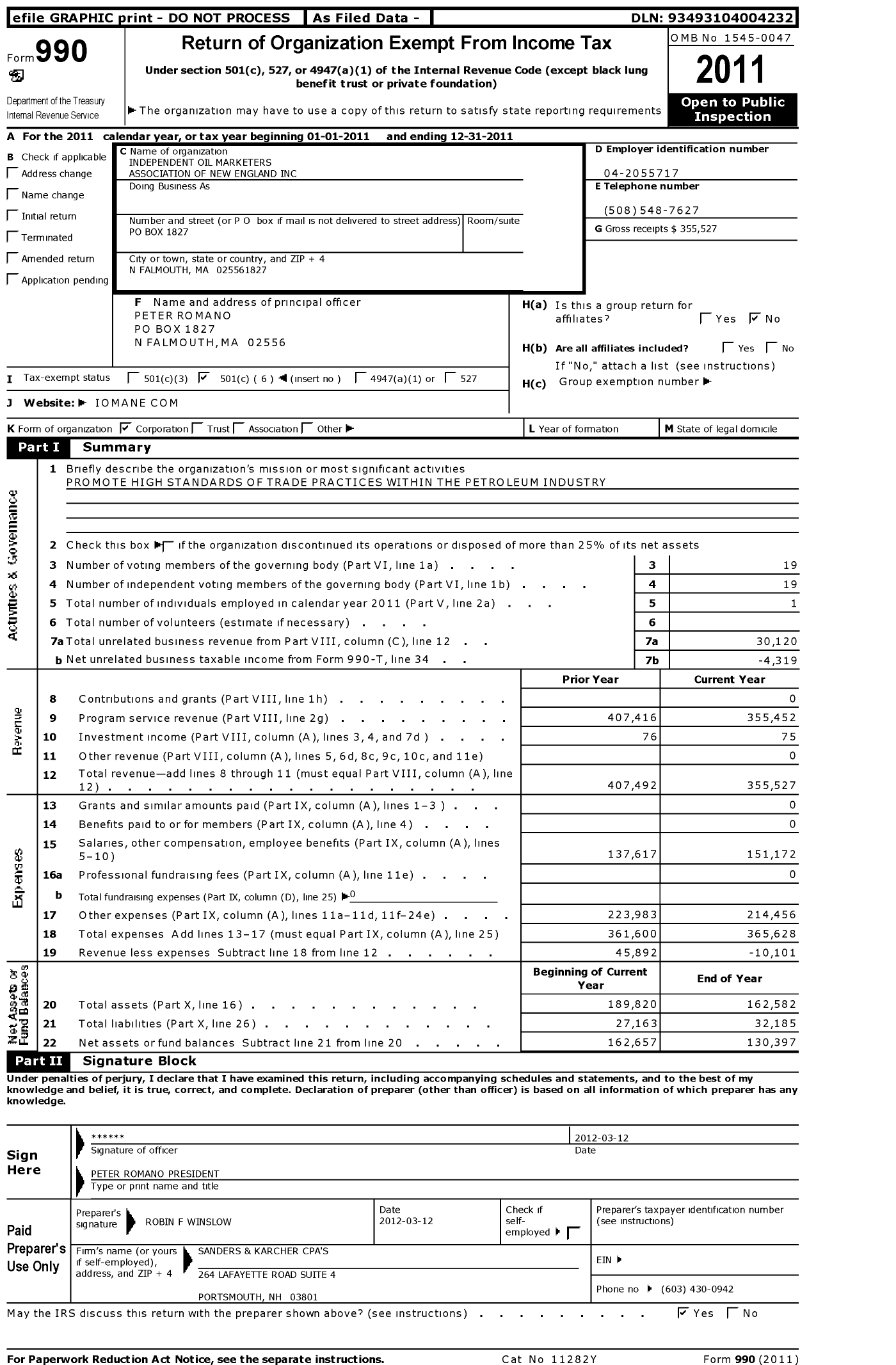 Image of first page of 2011 Form 990O for Independent Oil Marketers Association of New England