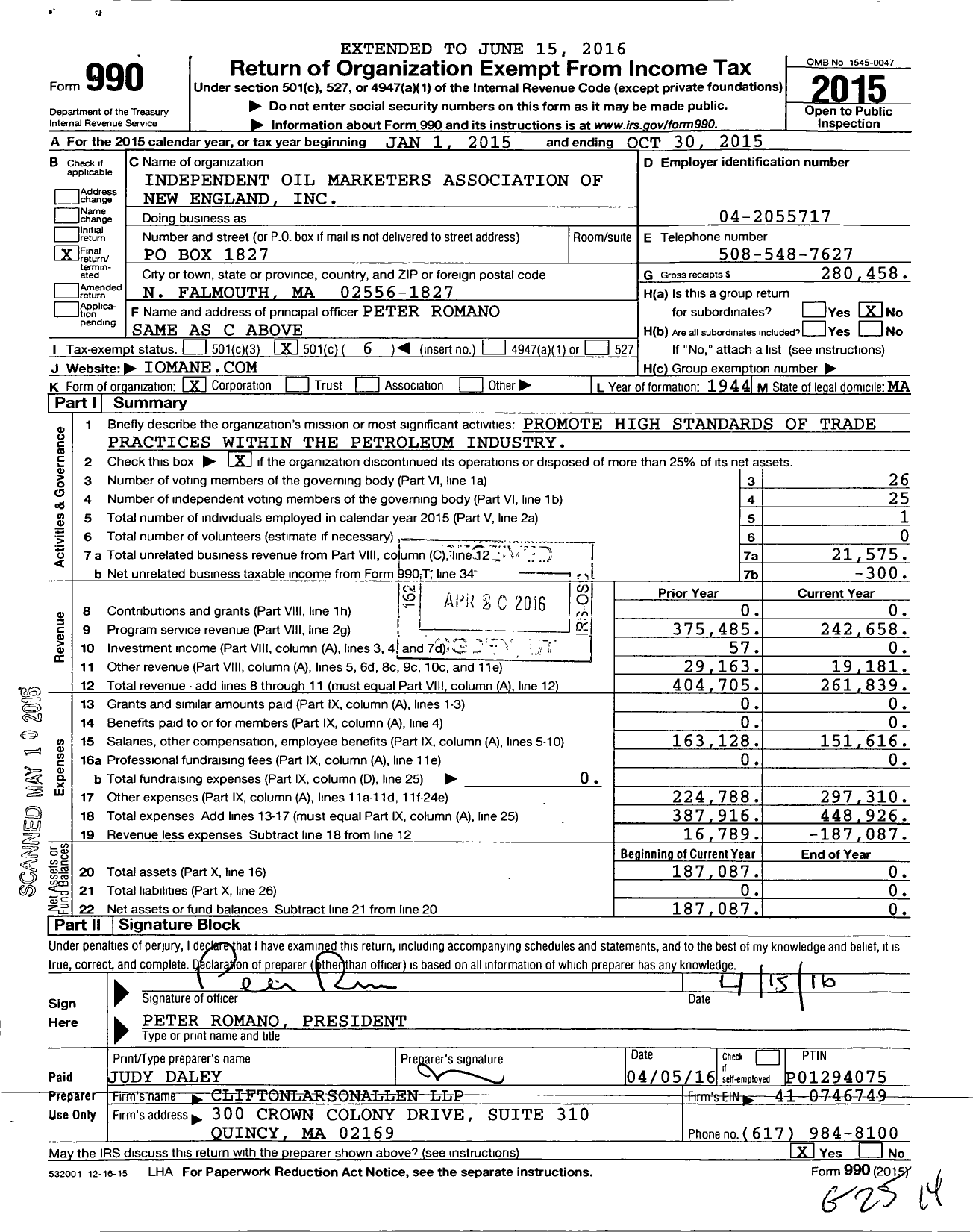 Image of first page of 2014 Form 990O for Independent Oil Marketers Association of New England