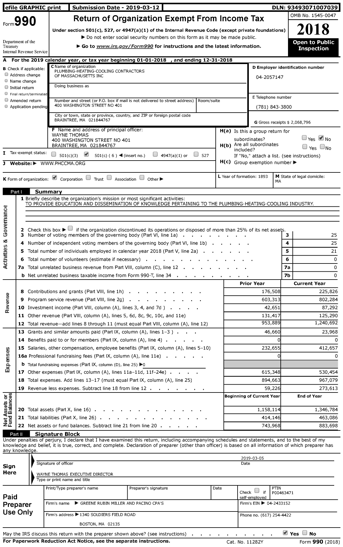 Image of first page of 2018 Form 990 for Plumbing-Heating-Cooling Contractors of Massachusetts