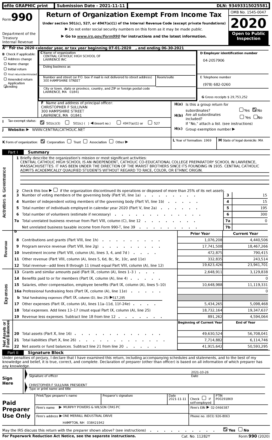 Image of first page of 2020 Form 990 for Central Catholic High School of Lawrence (CCHS)