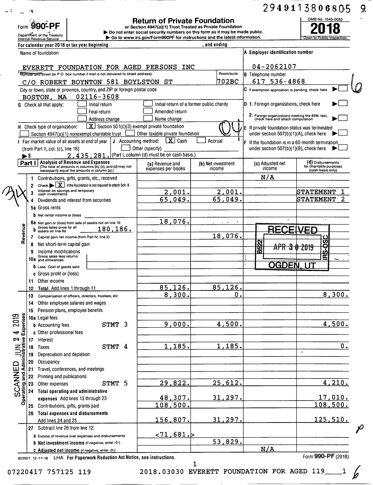 Image of first page of 2018 Form 990PF for Everett Foundation for Aged Persons