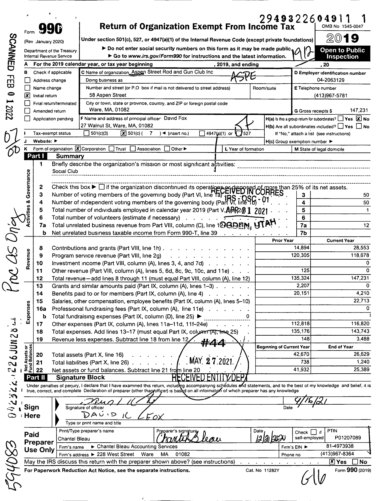 Image of first page of 2019 Form 990O for Aspen Street Rod and Gun Club