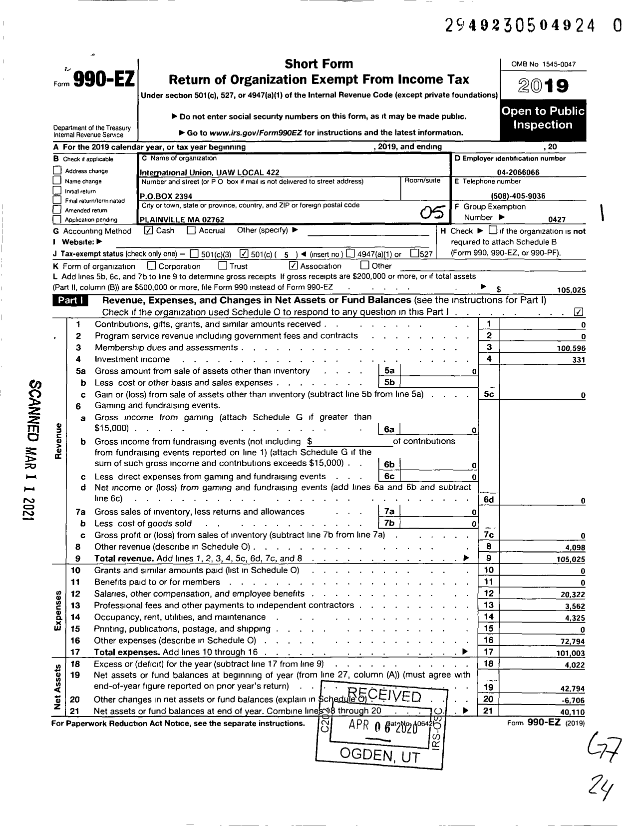 Image of first page of 2019 Form 990EO for Uaw - 422 Uaw Local (422 Uaw Local)