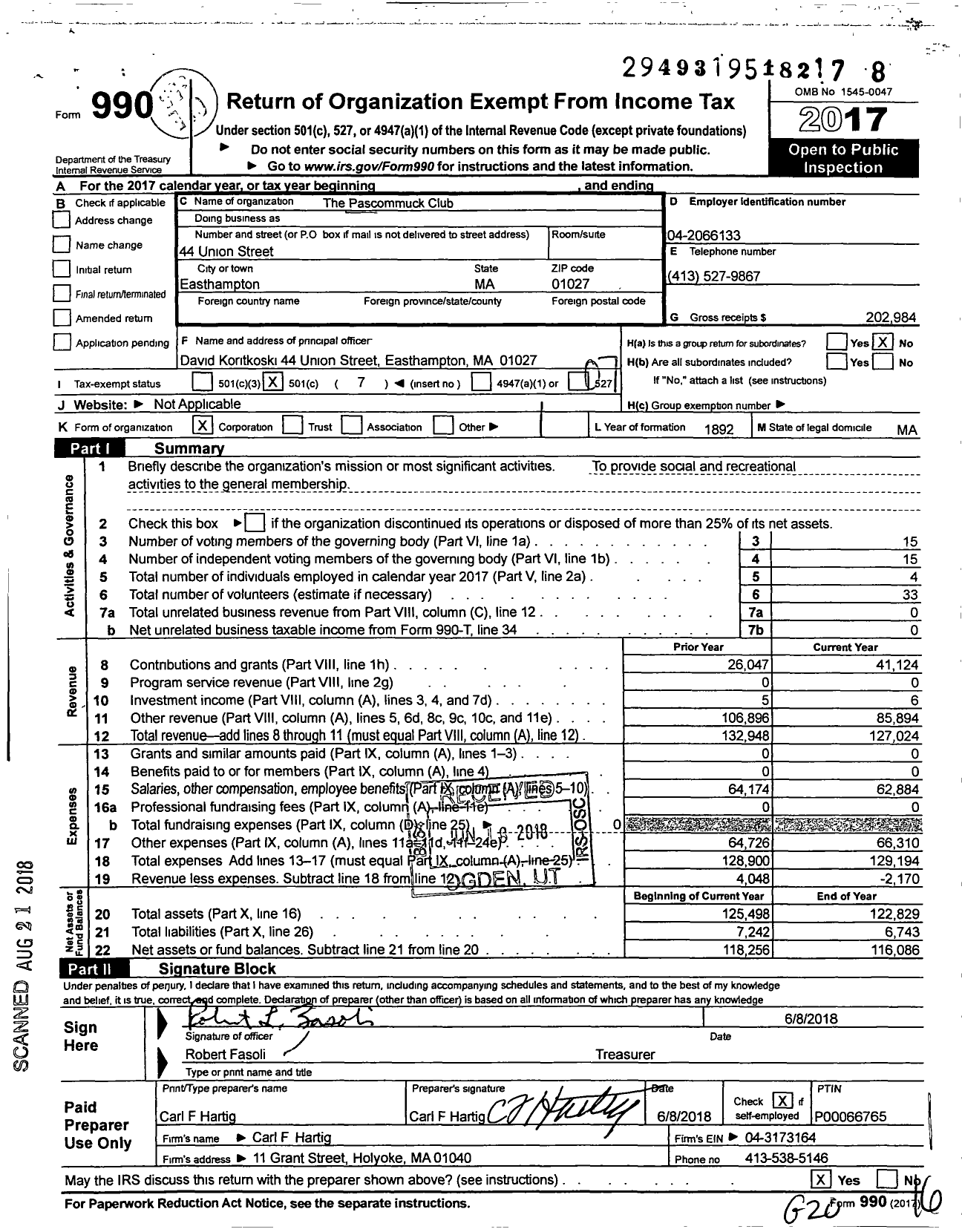 Image of first page of 2017 Form 990O for The Pascommuck Club
