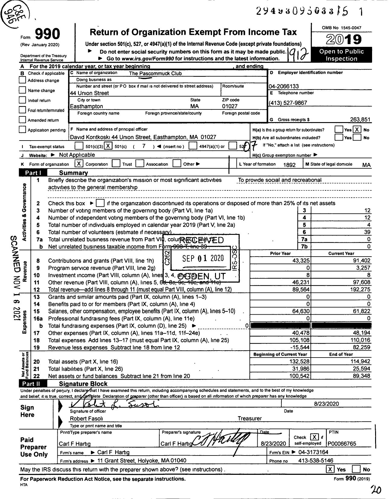 Image of first page of 2019 Form 990O for The Pascommuck Club