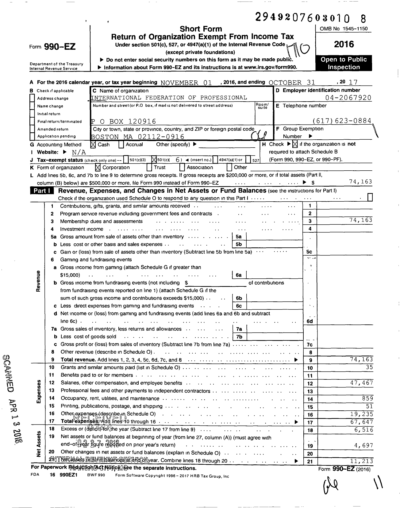 Image of first page of 2016 Form 990EO for International Federation of Professional and Technical Engineers - 105 Local