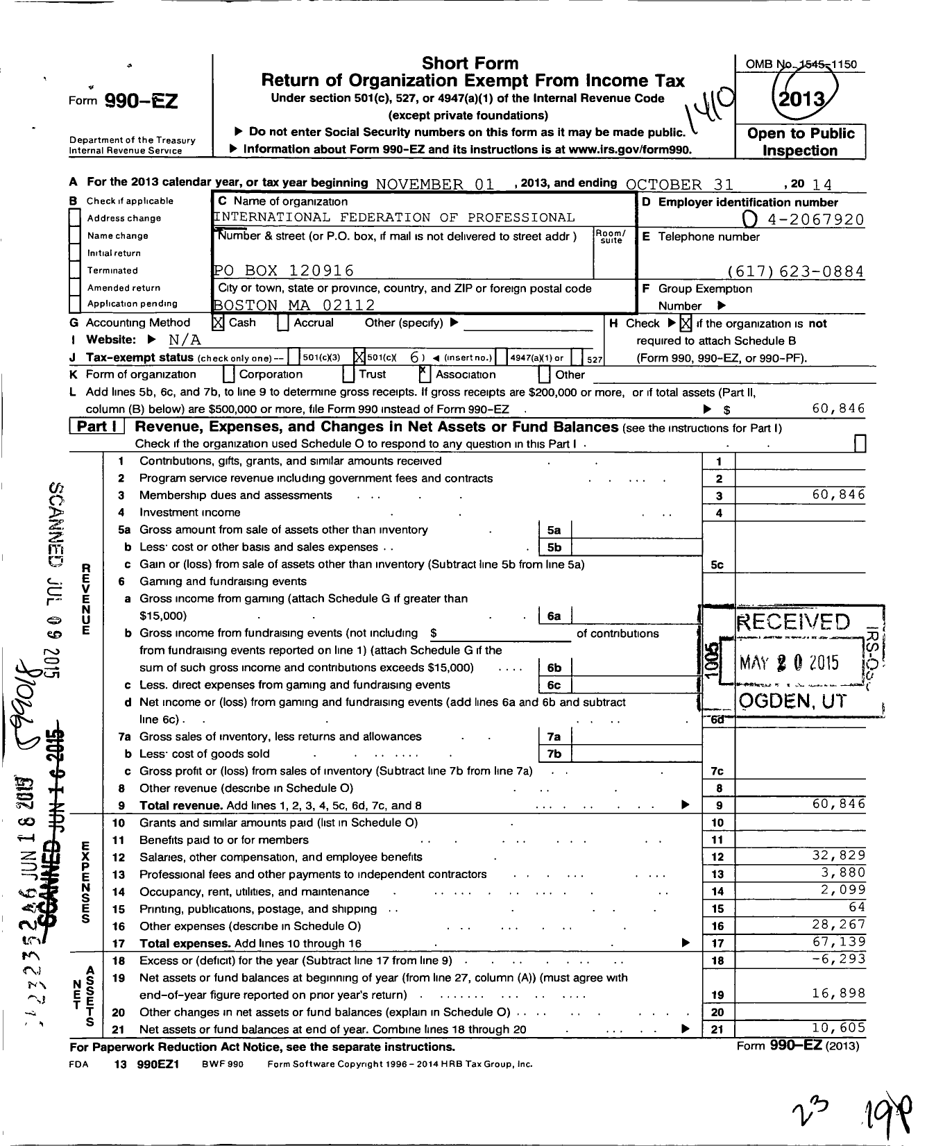 Image of first page of 2013 Form 990EO for International Federation of Professional and Technical Engineers - 105 Local