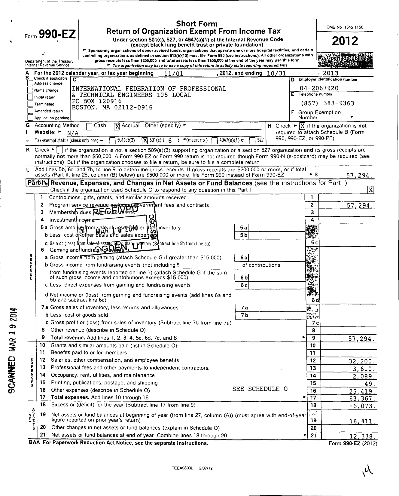 Image of first page of 2012 Form 990EO for International Federation of Professional and Technical Engineers - 105 Local