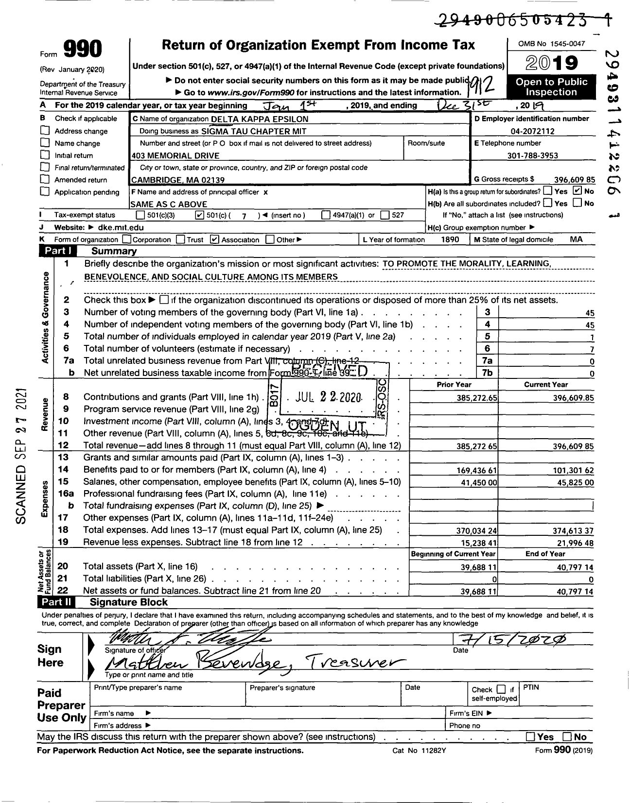 Image of first page of 2019 Form 990O for Delta Kappa Epsilon Council / Sigma Tau Chapter of Delta Kappa Epsilon