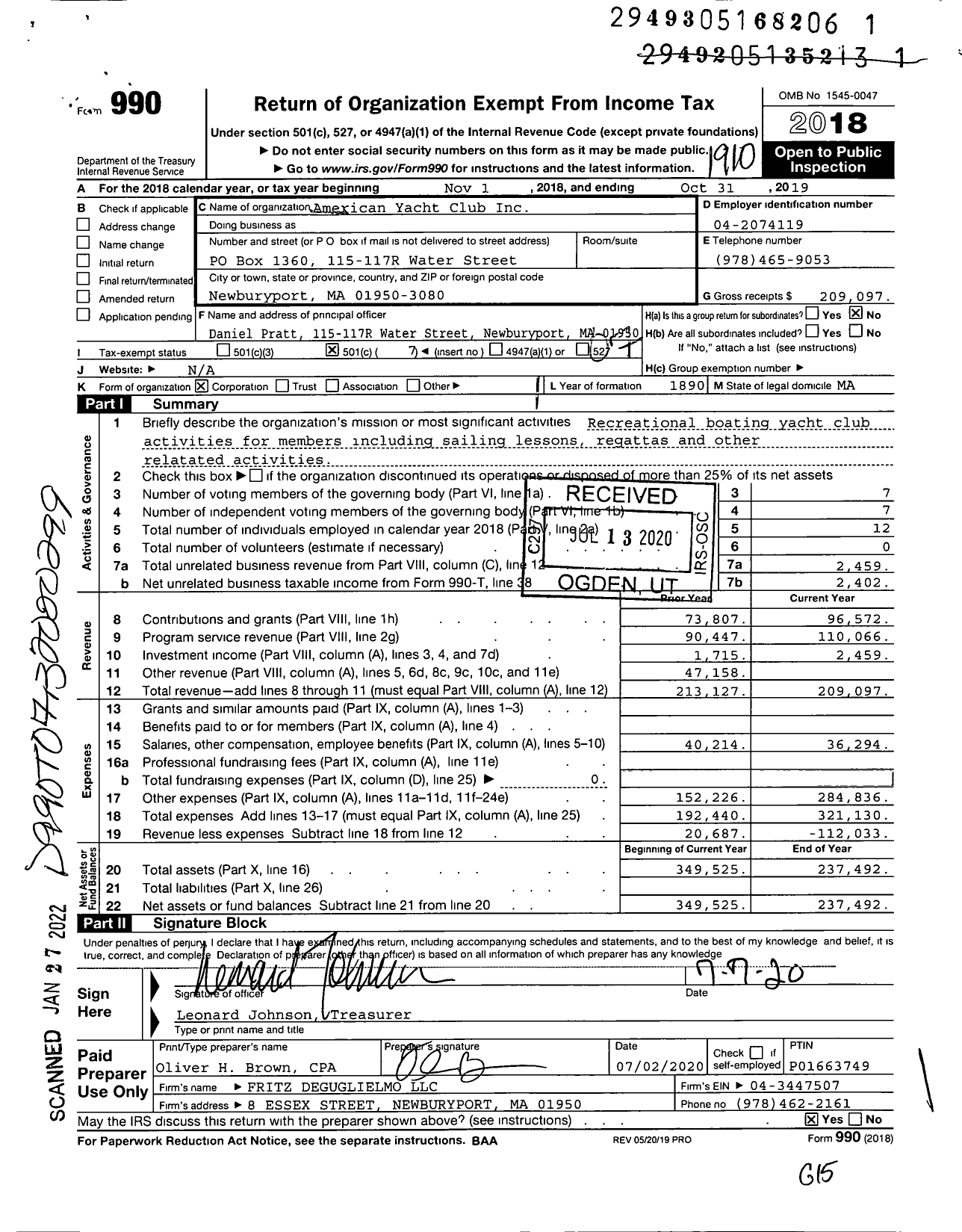 Image of first page of 2018 Form 990O for American Yacht Club