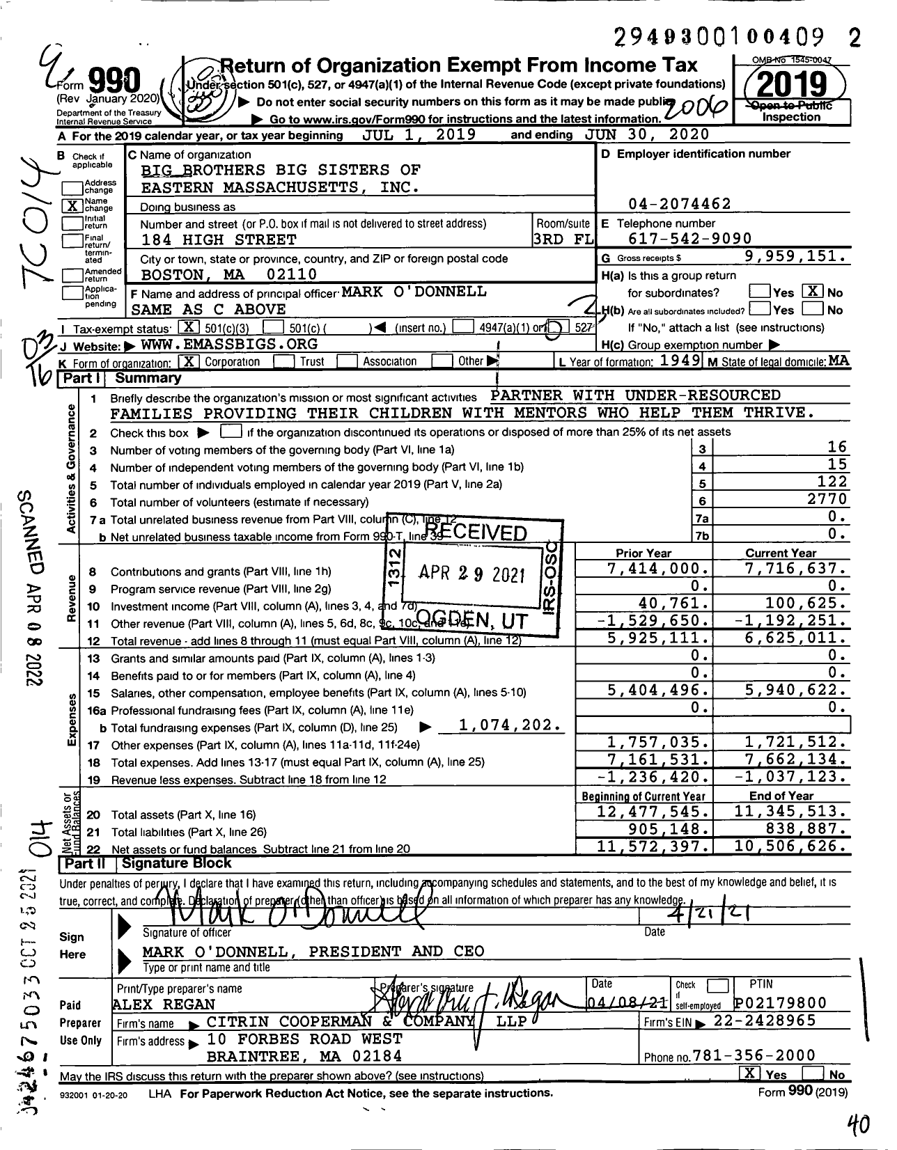 Image of first page of 2019 Form 990 for Big Brothers Big Sisters of Eastern Massachusetts (BBBSMB)