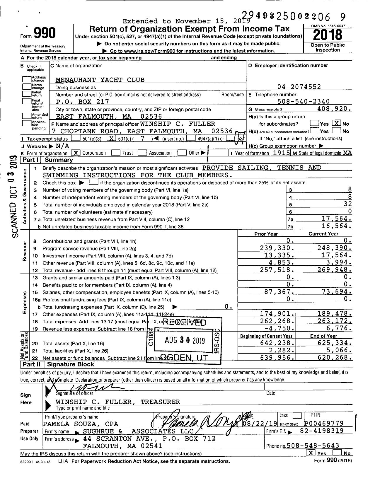 Image of first page of 2018 Form 990O for Menauhant Yacht Club